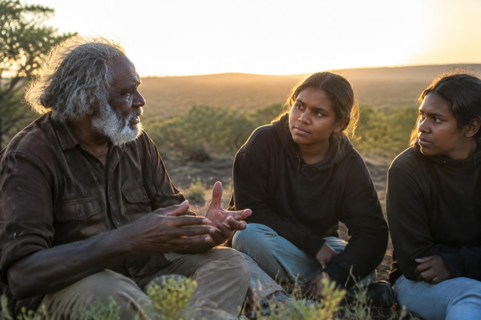 An Aboriginal Elder sharing stories with young people outdoors