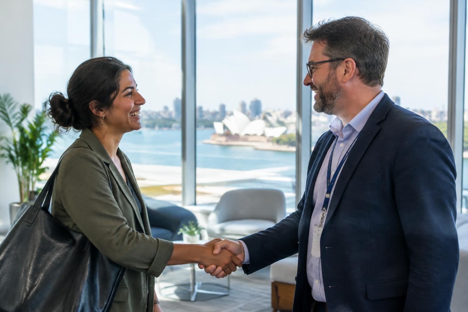 Two partner organisation representatives shaking hands in a Sydney office