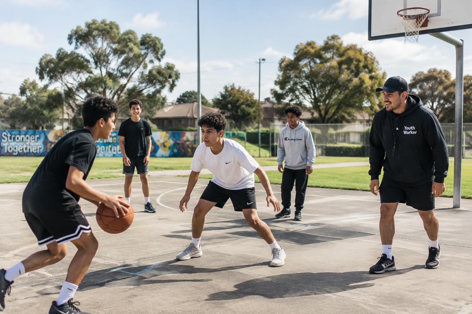 Young people playing basketball at a community court with a youth worker